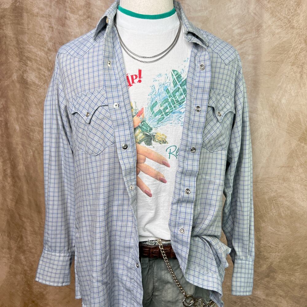 Vintage Western Shirt 80s Tem Tex Checkered Flannel Pearl Snap Gray Blue Cowboy
